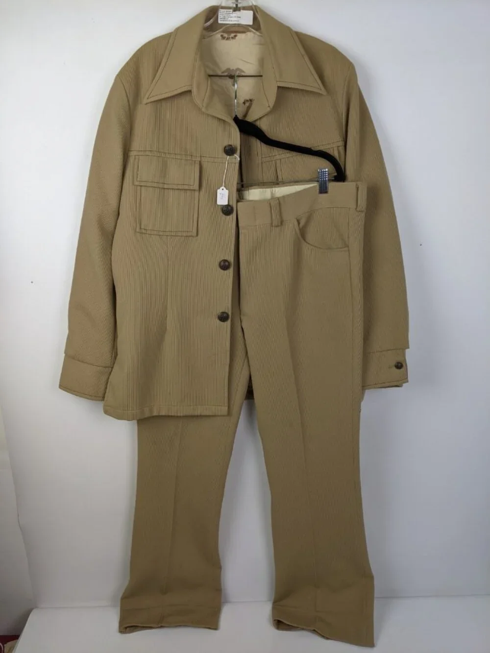 Vintage 1970s Sears Leisure Suit Coat Size 42 Pants Size 38x31 Knit Pleated Tan